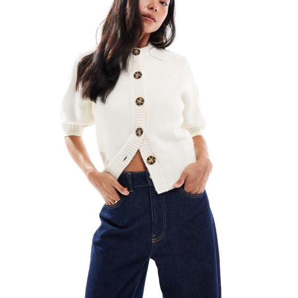 エイソス ASOS asos ASOS DESIGN 半袖ウエストクルーネックカーディガン(クリーム色) トップス レディース 女性 インポートブランド 小さいサイズから大きいサイズまで