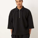 エイソス ASOS asos ASOS DESIGN オーバーサイズ 3/4 スリーブ クォータージップ スウェットシャツ(襟付き、ブラック) トップス メンズ 男性 インポートブランド 小さいサイズから大きいサイズまで