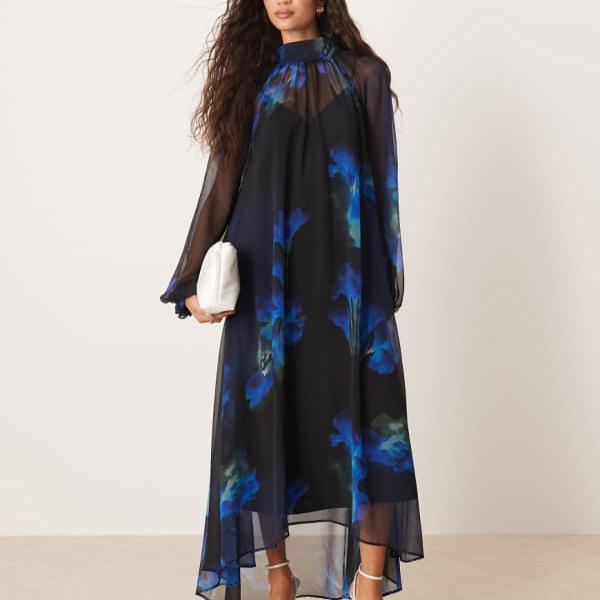 エイソス ASOS asos ASOS DESIGNのハイローヘムのタイネックマキシスモックドレス（抽象的なブルーフロ..