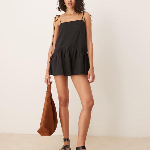 エイソス ASOS asos ASOS DESIGN スキニーストラップ ドロップウエスト フルスカート プレイスーツ（ブラック） オールインワン レディース 女性 インポートブランド 小さいサイズから大きいサイズまで