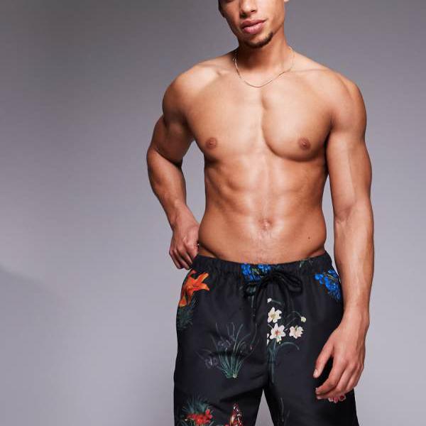 エイソス ASOS asos ASOS DESIGNのミドル丈スイムショーツ(花柄、ブラック) 水着 メンズ 男性 インポートブランド 小さいサイズから大きいサイズまで
