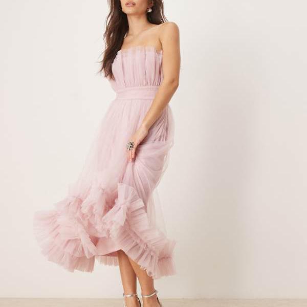 Lace & Beads レース＆ビーズのバンドゥ、フリルヘム、チュールミダキシドレス（パウダーピン