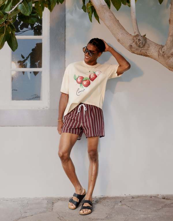 エイソス ASOS asos ASOS DESIGN シアサッカー スイムショーツ（ショート丈、バーガンディストライプ） 水着 メンズ 男性 インポートブランド 小さいサイズから大きいサイズまで