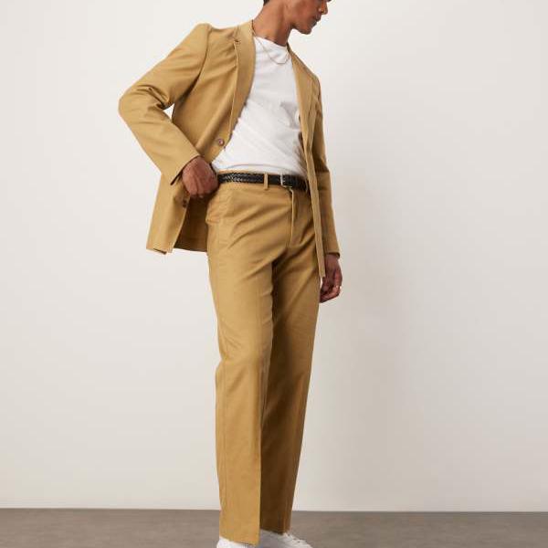 エイソス ASOS asos ASOS DESIGN コットンリネンブレンド ストレートレッグスーツパンツ(キャメルツイル) パンツ ボトム メンズ 男性 インポートブランド 小さいサイズから大きいサイズまで