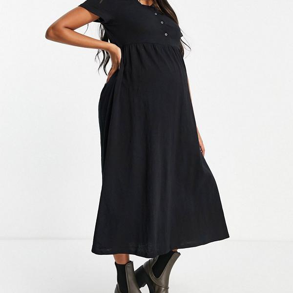コットン：マタニティ半袖ベビードールミディドレス（黒） ワンピース レディース 女性 インポートブランド 小さいサイズから大きいサイズまで