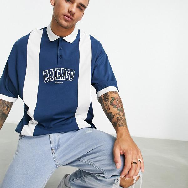 エイソス ASOS asos ASOS DESIGNのネイビーの特大ポロTシャツ、白いパネルとシカゴのプリント トップス メンズ 男性 インポートブランド 小さいサイズから大きいサイズまで