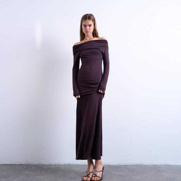 トップショップ Topshop TOPSHOP トップショップの長袖バルドーマキシドレス（プラム） トップス レデ..