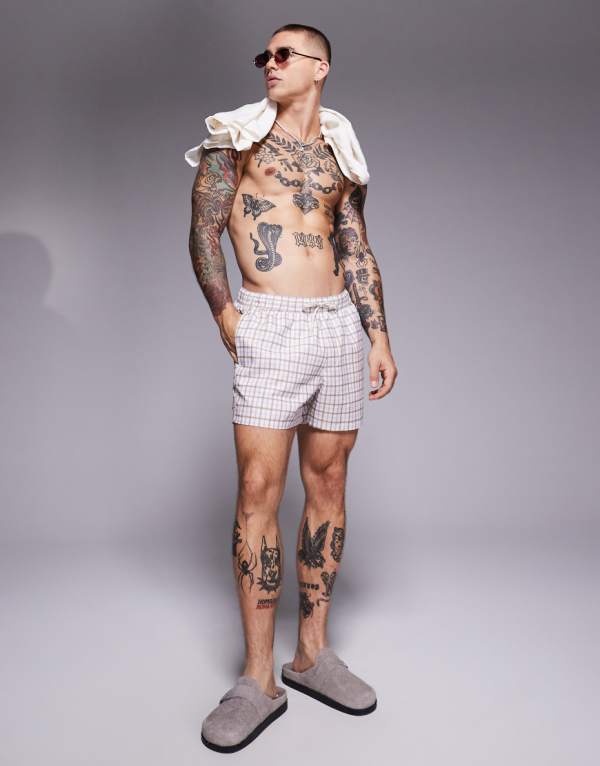 エイソス ASOS asos ASOS DESIGNのチェック柄ショート丈スイムショーツ 水着 メンズ 男性 インポートブランド 小さいサイズから大きいサイズまで