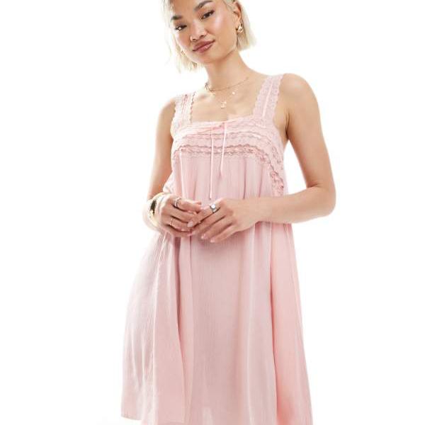 ミスセルフリッジ Miss Selfridge ミスセルフリッジのレーストリムチーズクロスミニドレス(ダスティピンク) ワンピース レディース 女性 インポートブランド 小さいサイズから大きいサイズまで