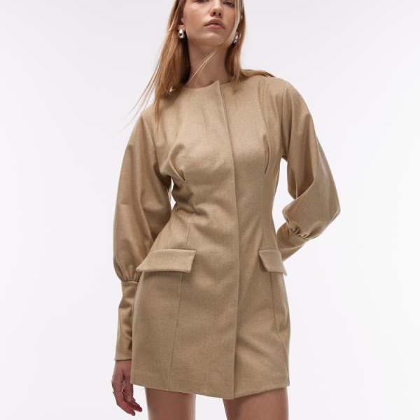 エイソス ASOS asos ASOS DESIGN スカルプテッドパフスリーブブレザーミニドレス（ストーン） ワンピース レディース 女性 インポートブランド 小さいサイズから大きいサイズまで