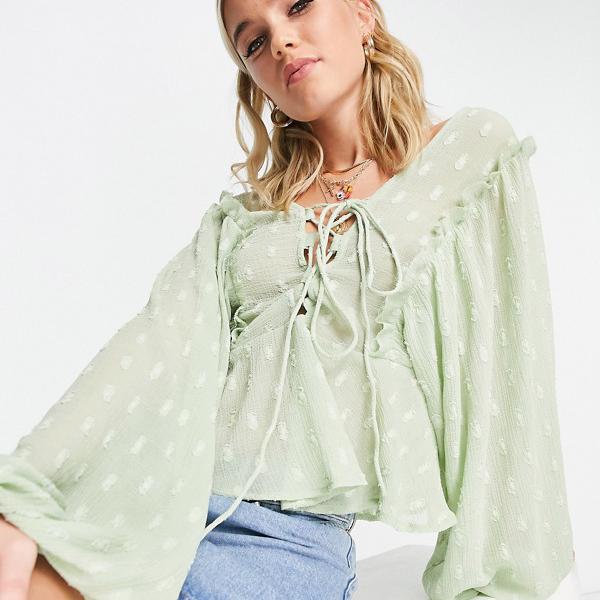 エイソス ASOS asos ASOS DESIGNドビー長袖ブラウス、フロントにレース、裾にセージのペプラム トップス レディース 女性 インポートブランド 小さいサイズから大きいサイズまで