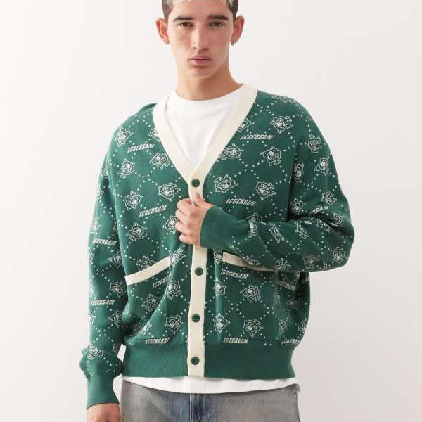 グリーンとホワイトのアイスクリームモノグラムニットカーディガン トップス メンズ 男性 インポートブランド 小さいサイズから大きいサイズまで