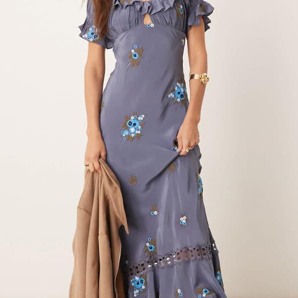 フリーピープル Free People フリーピープルの花柄刺繍入りパフスリーブマキシドレス(インディゴ) ワンピース レディース 女性 インポートブランド 小さいサイズから大きいサイズまで
