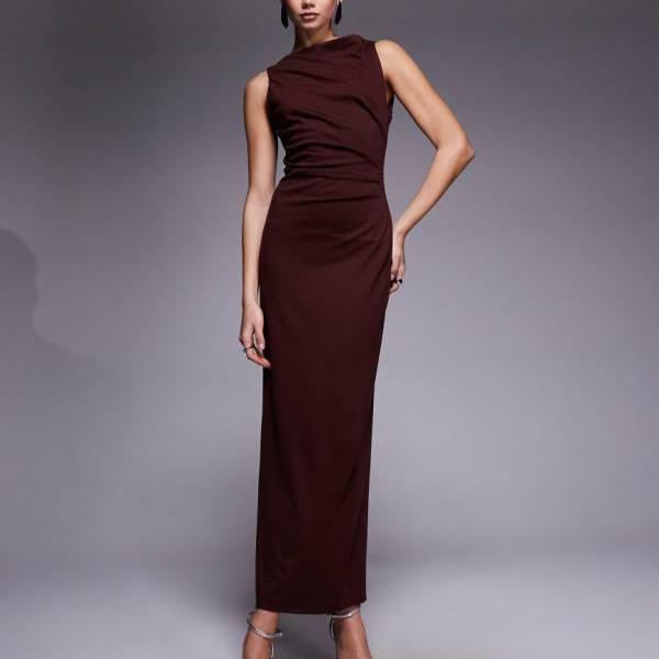 エイソス ASOS asos ASOS DESIGN スラッシュネック ルーシュ ミディドレス（チョコレート） ワンピース レディース 女性 インポートブランド 小さいサイズから大きいサイズまで