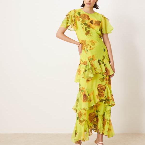 エイソス ASOS asos ASOS DESIGNのグリーンベースの花柄プリントのフリルシフォンマキシドレス ワンピ..