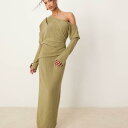 エイソス ASOS asos ASOS DESIGN リネン アシンメトリー フォールドショルダー ロングスリーブ ミディドレス(カーキ) トップス レディース 女性 インポートブランド 小さいサイズから大きいサイズまで