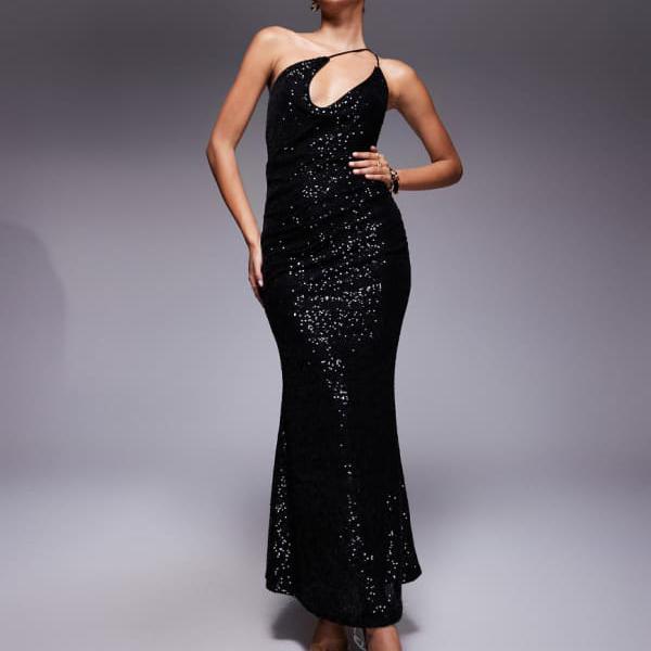 エイソス ASOS asos ASOS DESIGN スパンコール ワンショルダー ストラップ マキシドレス（カウル付き、..