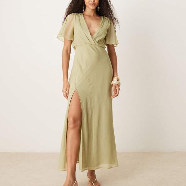 エイソス ASOS asos ASOS DESIGN エンジェルスリーブ ラップフロント ミディドレス（シームディテール..