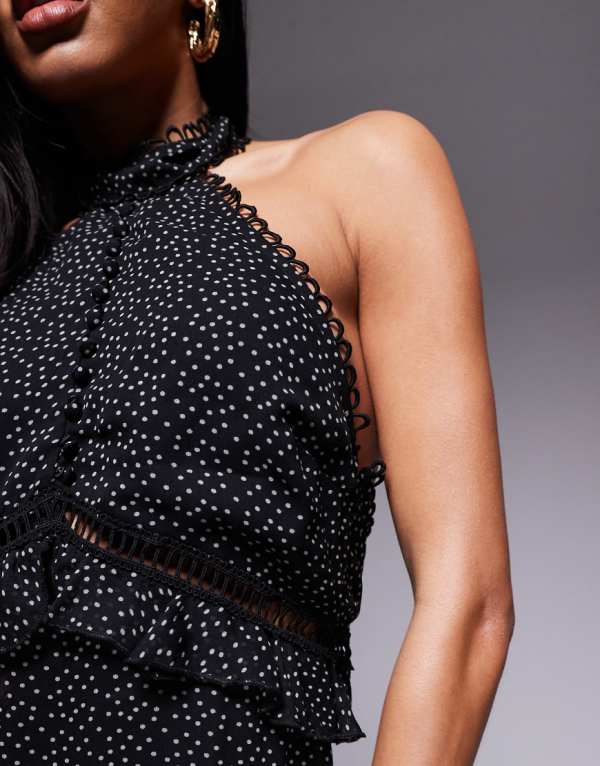 エイソス ASOS asos ASOS DESIGN レースインサート ホルター ティアード ミニドレス（マイクロスポット） ワンピース レディース 女性 インポートブランド 小さいサイズから大きいサイズまで
