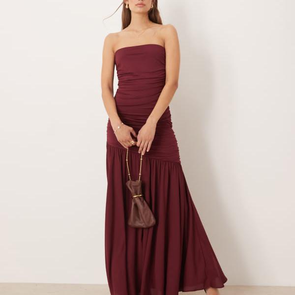 SNDYS メッシュ アシンメトリー ドロップウエスト シャーリングディテール マキシドレス (クランベリー..
