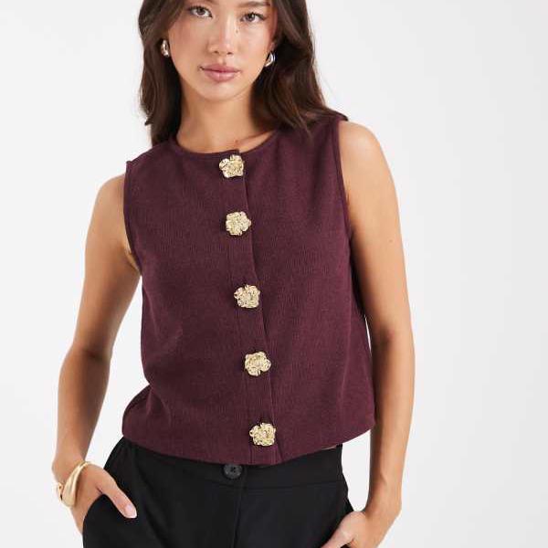 ミスセルフリッジ Miss Selfridge ミスセルフリッジの花柄メタルトリムウエストコート（プラム） トッ..