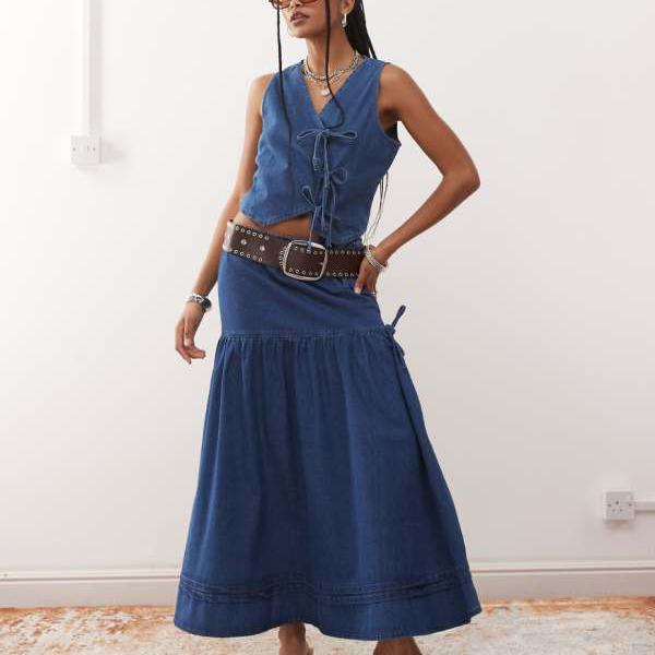 リクレイムドヴィンテージ Reclaimed Vintage リボンディテールのヴィンテージデニムプレーリースカートコーデ スカート レディース 女性 インポートブランド 小さいサイズから大きいサイズまで