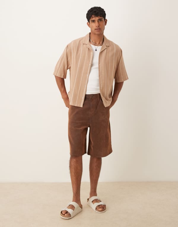 エイソス ASOS asos ASOS DESIGNのボックス型オーバーサイズリバーテクスチャードシャツ（ストーン＆ホワイトストライプ） トップス メンズ 男性 インポートブランド 小さいサイズから大きいサイズまで