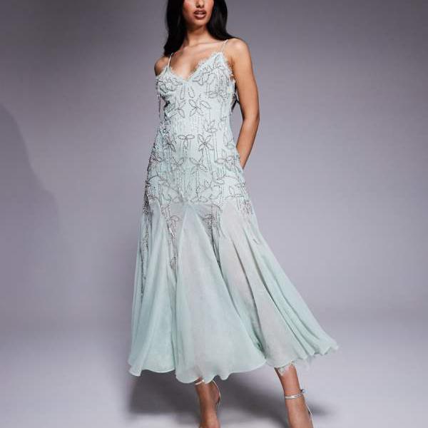 エイソス ASOS asos ASOS DESIGNのディアマンテビーズミディドレス（レーストリム、ゴデットヘム、セー..