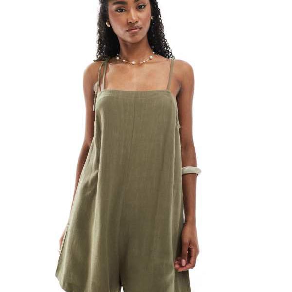 ミスセルフリッジ Miss Selfridge ミスセルフリッジのリネン混紡タイショルダープレイスーツ(カーキ) オールインワン レディース 女性 インポートブランド 小さいサイズから大きいサイズまで