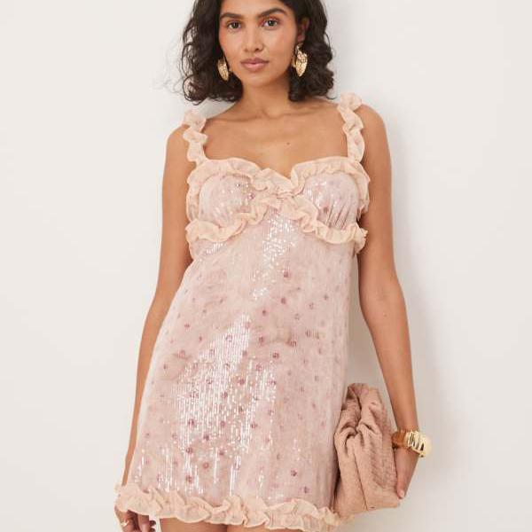 フォー・ラブ・アンド・レモンズ ソフィア スパンコール ラッフル ミニドレス（ピンク） ワンピース レ..
