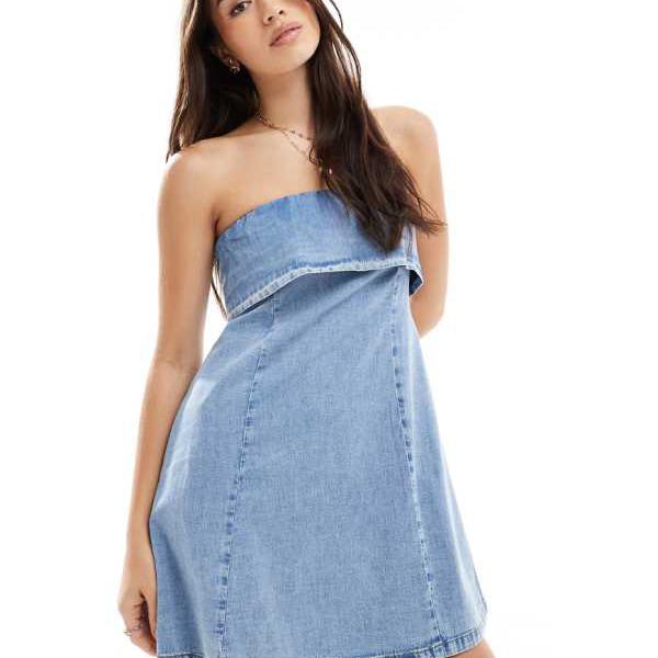 エイソス ASOS asos ASOS DESIGN ソフトデニム バンドゥ ミニドレス(ミッドウォッシュブルー) ワンピース レディース 女性 インポートブランド 小さいサイズから大きいサイズまで