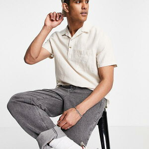 エイソス ASOS asos ASOS DESIGNオーバーヘッドリネンシャツ、ベージュの襟付き トップス メンズ 男性 インポートブランド 小さいサイズから大きいサイズまで