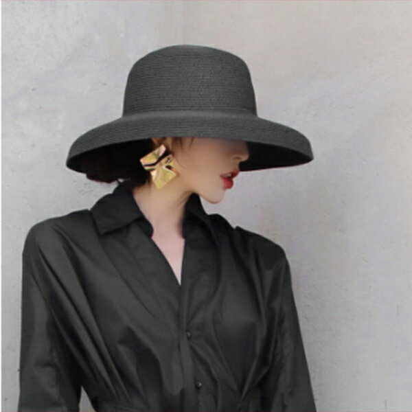 つばの広いビーチハット　編み　ストローハット 帽子 麦わら帽子　女性用　夏の屋外　旅行用　特大の折りたたみ式　ビーチハット　海辺のUV保護のサムネイル