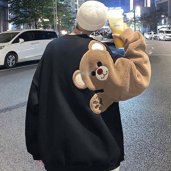 片腕クマちゃん パッチワーク トレーナー スウェット ダボっと ジョギング ワイド ストリート 原宿系 ストレート トップス 長袖 メンズ インポート 大きい...
