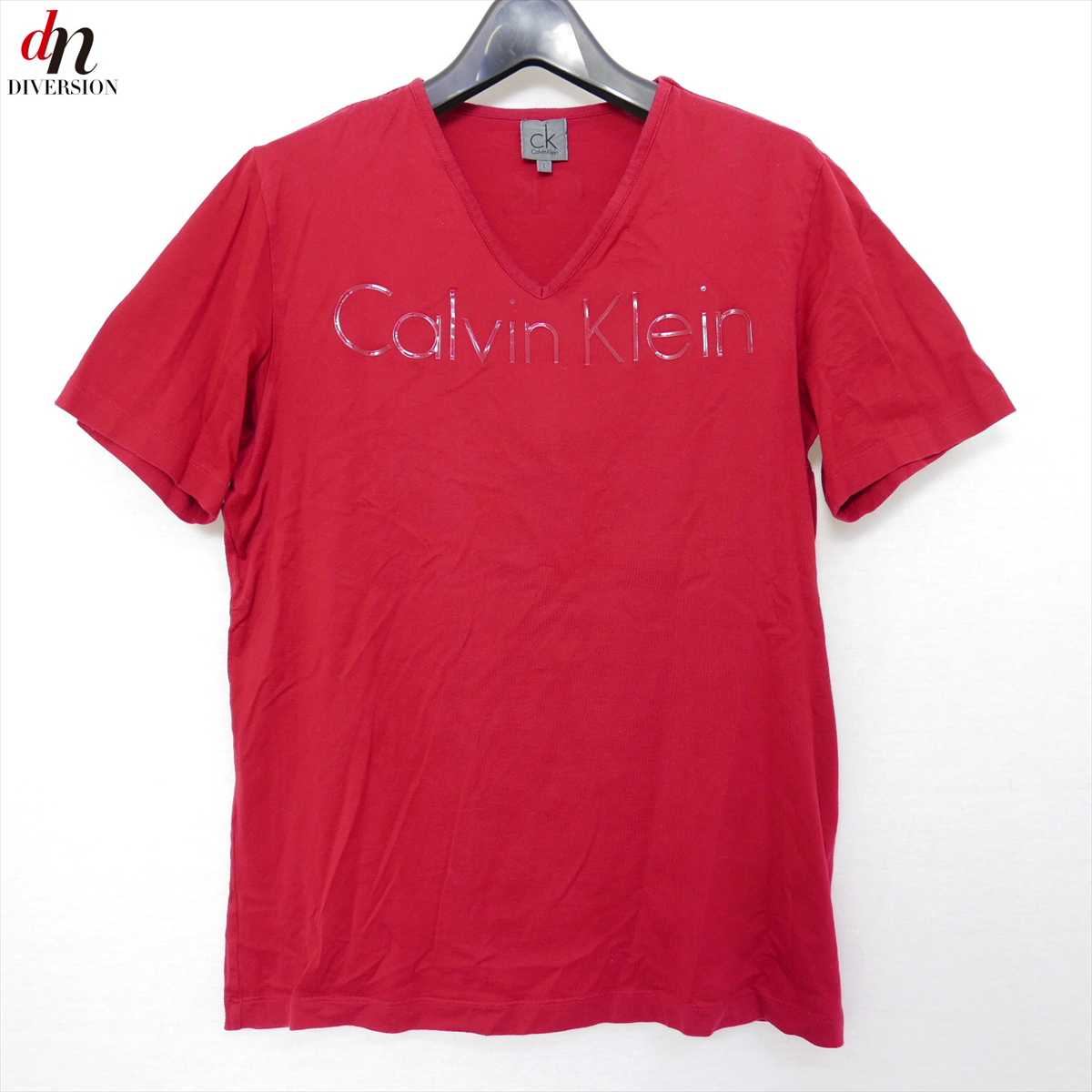 Calvin Klein カルバン クライン コットン 半袖 Vネック ロゴ TEE Tシャツ カットソー RED L 【中古】 DN-8643