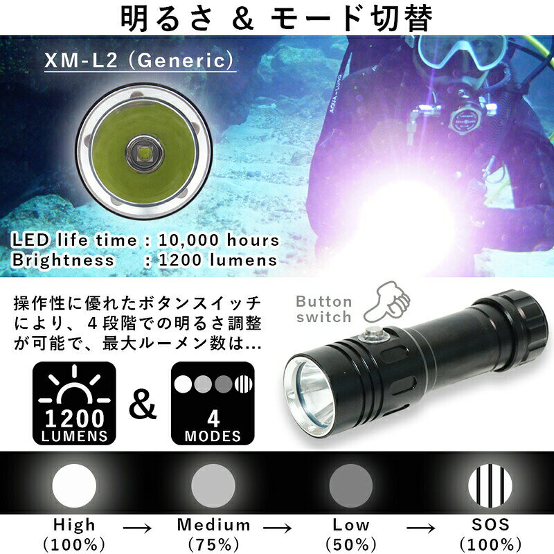 DIVING-HIDのダイビングライト 1200ルーメン 水中ライト LED ハンドライト 4モード スポットタイプ 耐圧80m 18650 26650対応 The Standard｜アングル3