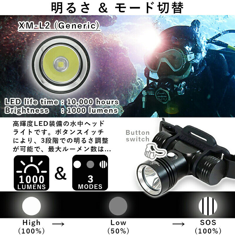 DIVING-HIDのダイビングライト ヘッドライト 大光量 1000 ルーメン UW LED ヘッド ライト 1000 HighMode The Standard｜アングル3