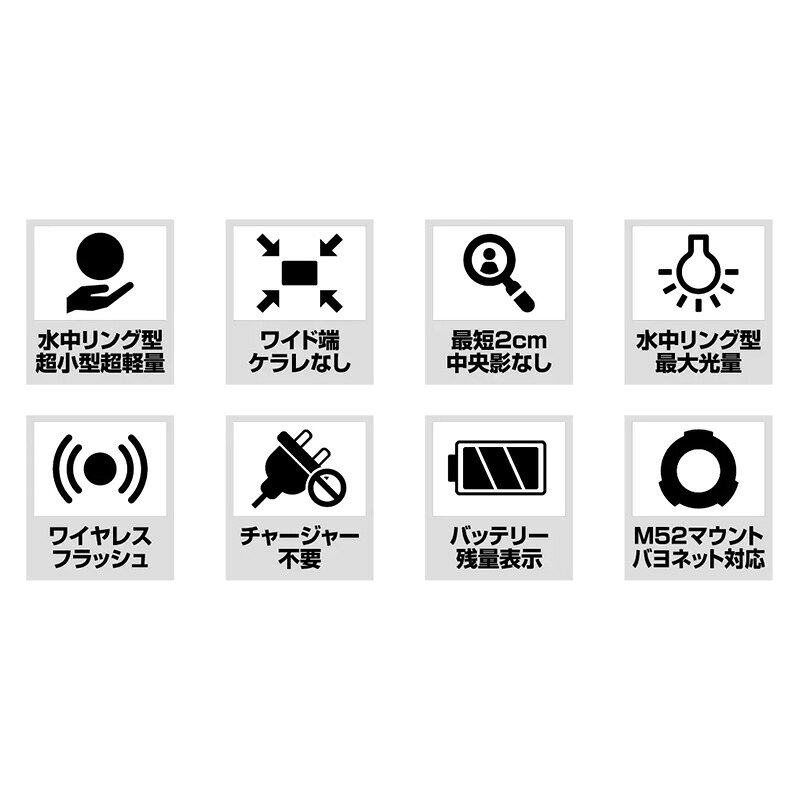 DIVING-HIDの水中ライト ダイビング FIX リングライトRL1500 Fisheye フィッシュアイ LED ワイヤレスフラッシュ ストロボ連動 EFモード 3段階調光 プッシュ式 マクロ 充電 コンパクト 軽量 小型 カメラ 撮影 機材 動画 静止画 TGシリーズ M52径｜アングル3