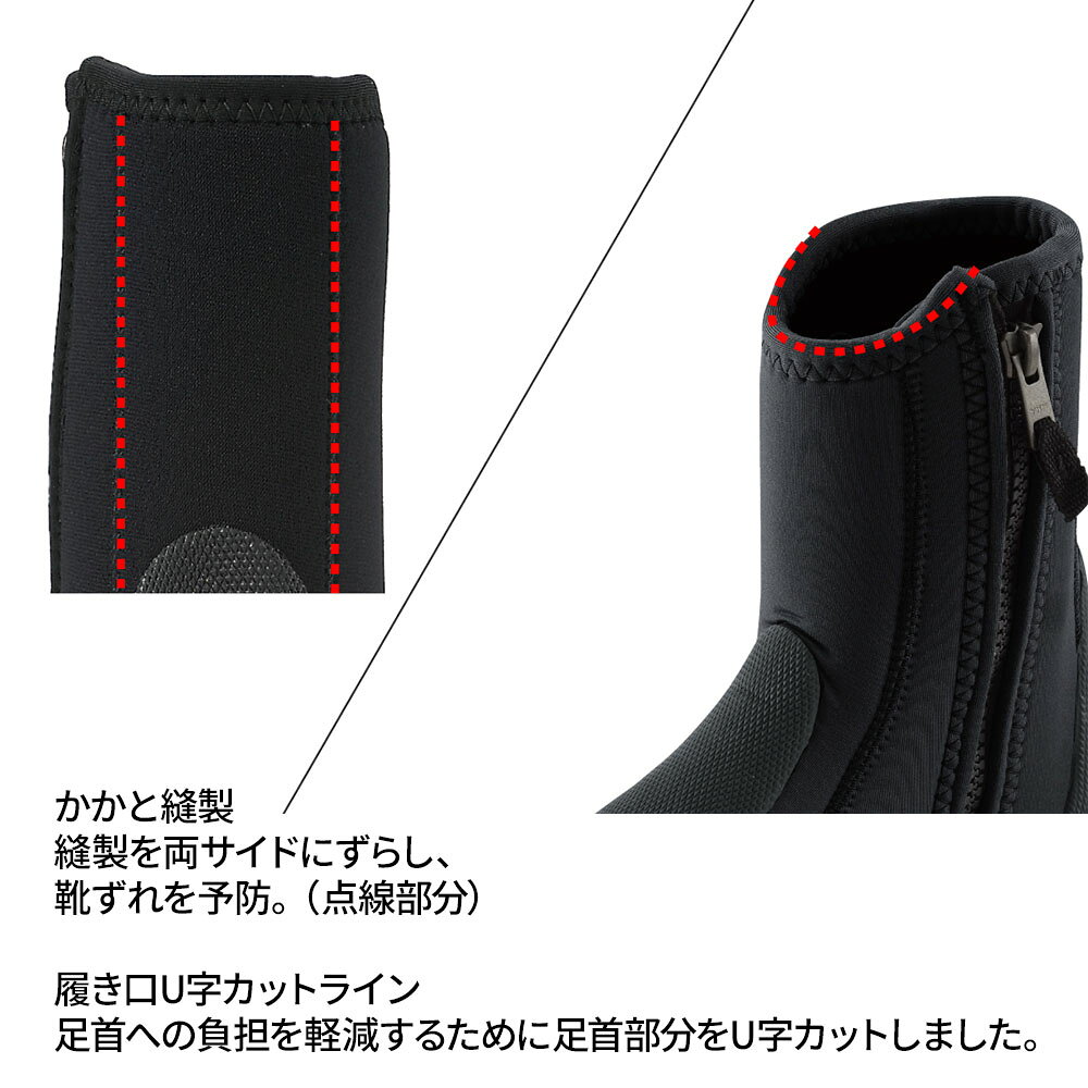 DIVING-HIDのダイビングブーツ GULL スタンダードブーツ ラバーフィンの特性とフィンワーク オープンヒールフィン ストラップフィン用ブーツ ファスナータイプ 着脱性 独自のラバー配置 相性抜群 フィン ファスナー付きメンズ レディース 保温 3mm ネオプレーン｜アングル3
