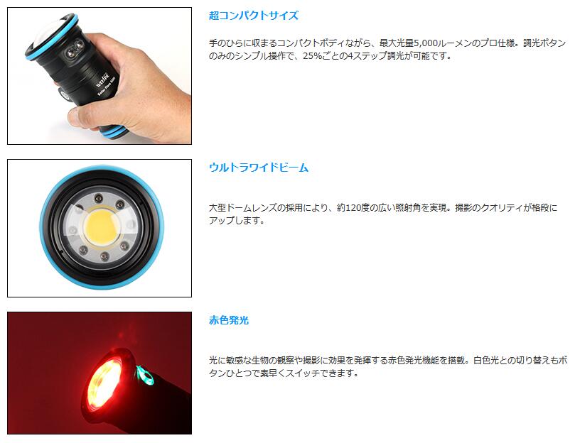 街のダイビング屋さん 楽天市場店のFisheye（フィッシュアイ）WEEFINE WF Solar Flare 5000 水中ライト 超コンパクトサイズのプロ仕様ダイブライト｜アングル2
