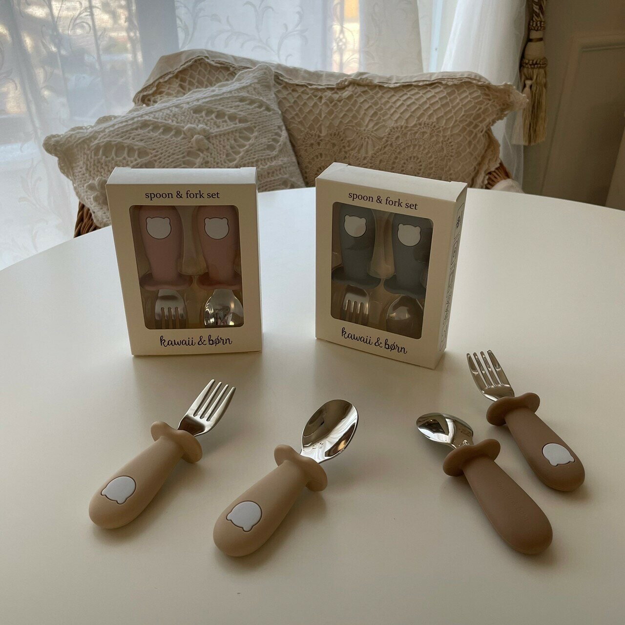 カワイイアンドボーン ベビー スプーン フォークセット カトラリーセット 持ちやすい ステンレス シリコン BPA free 食洗器対応 離乳食 お食事 練習 ...