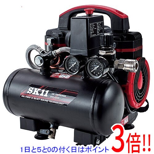 小型、軽量設計で、現場間の移動も楽、車載しても邪魔にならず、狭いスペースでも収納しやすい瞬発力に優れた作動音が小さい静音エアーコンプレッサーです。各種空圧工具、空圧機器作動用空気圧縮機。オイルを併用しないピストン・シリンダを採用したメンテナンス不要のオイルフリー式です。オイル量チェックや補充、交換などのメンテナンスが不要で、吐出口からエアーと一緒にコンプレッサオイルが出る心配は不要です。延長コード最大20m使える低電圧対応です(元電源の状態によって変わります)。タンク内圧表示計と吐出圧力表示計、2つの圧力計を装備、上方向から見やすい配置で、圧力調整器(レギュレーター)の操作で0〜0.8MPaまで、用途や道具に合わせて任意の吐出圧力に調節できます。圧力スイッチ採用し、タンク内圧0.8MPaで自動停止、タンク内圧0.6MPaで自動再起動(電源スイッチON時)、エアーの過充填を防ぐ安全弁、過電流、高温からモーターを保護するサーキットプロテクター、サーモスタットを装備、移動にキャリーハンドル付です。●定格電圧：AC100V・周波数：50/60Hz・消費電流：4.5/4.7A(50/60Hz)。●消費電力：400/470W(50/60Hz)・電動機サイズ：0.55kW。●モーター回転数：1400/1600min-1(50/60Hz)。●最高圧力：0.8MPa・圧力制御範囲：0.6〜0.8MPa・タンク容量：3L・定格時間：20分。●騒音値(作動音)：61/65dB(機体端面から1.5m)・充填時間：約30秒(0-0.8MPa)・約10秒(0.6-0.8MPa)。●吐出空気量(50Hz)：(0MPa時)60L/分・(0.45MPa時)35L/分・(0.6MPa時)29L/分・(0.8MPa時)20L/分。●吐出空気量(60Hz)：(0MPa時)70L/分・(0.45MPa時)45L/分・(0.6MPa時)35L/分・(0.8MPa時)25L/分。●本体質量：約11kg・本体寸法：約幅275x高320x奥行345mm。●フィルターx2、空気突出口接続用ソケットx1、シールテープx1。モーター起動時、再起動時は消費電力の3倍程度の電力が瞬間的に必要ですので、コンセントはコンプレッサ単独で使用し、他の電気製品と電力を共用しないでください。コンセントは分電盤からできるだけ近いものを使用してください。分電盤からコンセントまで距離がありますと、壁内で配線が延長状態となり、電圧降下となるおそれがあります。延長コードをご使用の場合はVCT被覆、芯線太さ2.0mm2以上のものをなるべく短く使用してください。元電源の状態によっては延長コードが使えない場合もあります。作業上延長が必要な場合は、ホースを長くすることをおすすめします。ホース延長も10mにつき0.1MPa圧力降下しますので、コンプレッサからの吐出圧力を上げてください。電源事情がよくない事で起動電流が高くなり3〜5回以上作動したサーキットプロテクターは内部劣化で作動しやすくなっているおそれがありますので、電源事情を見直すと同時に交換してください。記載してある吐出空気量と、ご使用になる空圧工具、空圧機器の使用に必要な空気量(空気消費量)を確認してください。大気を吸ってタンク内に押し込める(圧縮)過程でタンク内に水分が生じます。発生した水分はコンプレッサの鉄部の腐食を促進し、場合によっては空気に混ざって吐出されます。また大量にタンク内に滞留させますとタンク容量の低下を招き、充填できる空気量が減少します。毎使用ごとにタンク底部のドレンコックを開いて、水分を排出してください。モーター側面や上部の吸気口や排気口を塞がないでください。モーターの空冷を妨げ異常加熱を引き起こします。シリンダー上部にフィルターを取り付けない状態で使用しないでください。大気中のチリやホコリがシリンダー内に侵入し、故障の原因となります。※返品についてはこちらをご覧ください。　