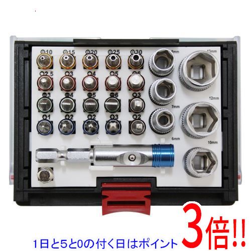 平日午前8時までにご注文・決済完了で提携倉庫より当日出荷いたします。なお、北海道・沖縄・離島の方は出荷まで2日〜7日かかります。予めご了承ください。ご注文・お支払い後は商品の手配を行いますのでのキャンセルはお受けできません。 代金引換のご注文はお受けできません。一家に一セットあれば非常に便利なビットセットで、品質・仕様ともにワンランク上です。様々なネジ・ボルトの締め付け作業。きれいなアルミカラーリングがついているので、ビットの種類が一目でわかります。スリムホルダーなので、狭いところにもアプローチできます。フレキシブルケースは丈夫で、フタ部を後ろに回すとビスやボルトを入れられます。フレキシブルケースはハンガーとして吊ることもできます。ベルトに通して作業時に携帯することも可能です。●28ピース入。●プラスビット(ブルー)：+1・+2×2・+3。●マイナスビット(グリーン)：-3・-4・-5・-6。●ヘクスビット(オレンジ)：2.5・3・4・5・6。●ヘクスローブ(イエロー)：10・15・20・25・30。●スクウェアビット(ブラウン)：2・3。●ソケット：6・7・8・10・12・13mm。●スリムホルダー・ソケットアダプター。●特殊鋼。●樹脂。不適切な取り扱いは、重大事故につながりかねません。電動工具本体の取り扱いに関しては、メーカーの取り扱い説明書をよくお読みになり、正しく安全にご使用ください。※返品についてはこちらをご覧ください。　