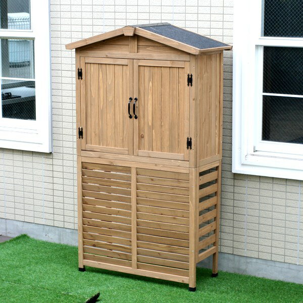 【メーカー在庫売りつくしセール】 室外機カバー 三角屋根収納庫付き ライトブラウン KGR-AC178LBR 木製 エアコンカバー メーカー在庫限り ※北海道＋2200円【代引不可】のサムネイル