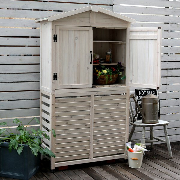 【メーカー在庫売りつくしセール】 室外機カバー 三角屋根収納庫付き ホワイト KGR-AC178WHT 木製 エアコンカバー ※北海道＋2200円【代引不可】のサムネイル