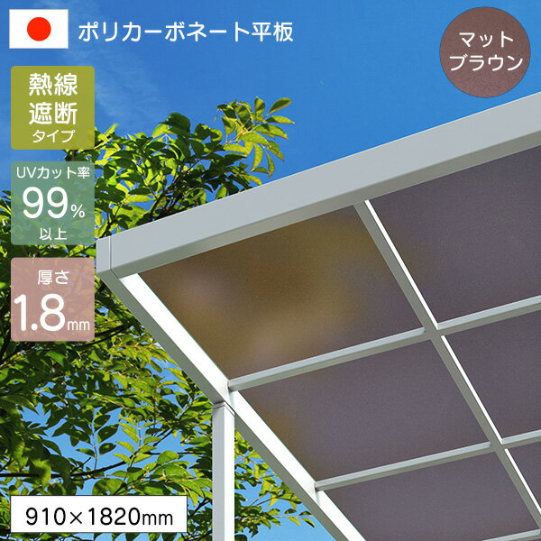 ポリカーボネート板 平板 1.8mm 熱線遮断ポリカシート マットブラウン 910×1820mm UVカット 紫外線 遮熱 アイリス 【代引不可】