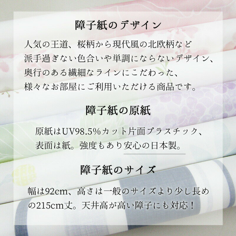 令和の障子紙 ＜両面テープ付 2枚セット＞ 92cm×215cm ( 2.15m ) プラスチック 破れにくい 張り替え UVカット リメイク 和室 洋室 モダン 北欧風 和柄 花柄 桜 椿 ボタニカル 水玉 ボーダー 菱模様 花火 竹林 上品 おしゃれ かわいい 両面テープ施工 日本製 2