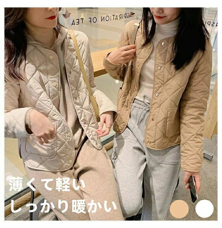 樂天商城 - ＼期間限定15％OFFクーポン／レディース 中綿ジャケット ショート丈 コート キルティングジャケット 長袖 中綿 防寒 ワイド オーバーサイズ ゆったり 秋 冬 軽量 ノーカラー ジャケット 中綿入り 羽織り アウター 厚手 暖かい ショートコート 可愛い おしゃれ