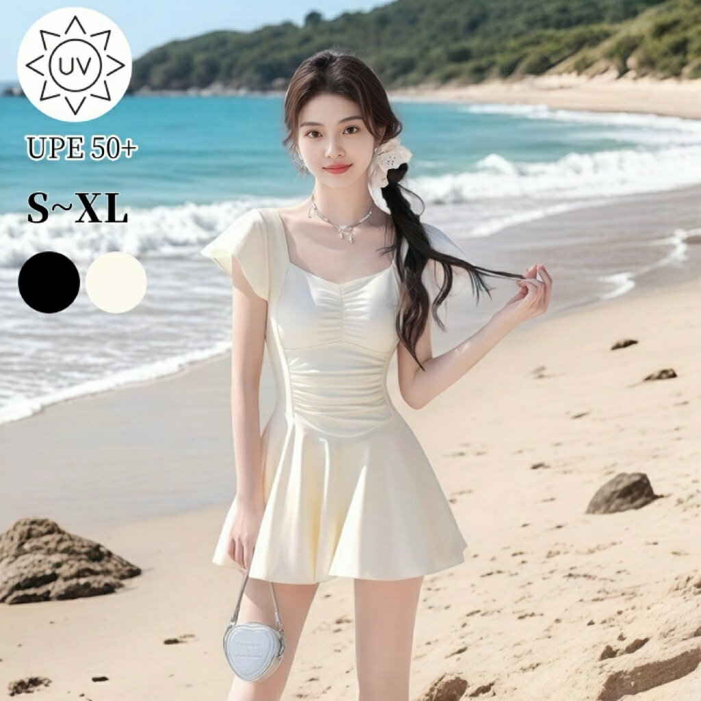【期間限定！15%OFFクーポン付き】ワンピース水着 レディース 体型カバー水着 韓国 大きいサイズ ぽっちゃり ハイウエスト フリル 袖 かわいい おしゃれ ママ水着 黒 白