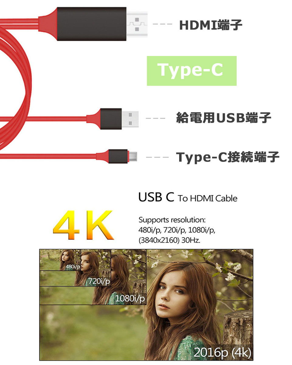 【メール便送料無料】 Type-C HDMI TV テレビ 接続 出力 ミラーリング 接続ケーブル GalaxyS8 MacBook USB充電 プロジェクター モニター タブレットPC MHL 転送ケーブル スマートフォン 変換ケーブル y2 2